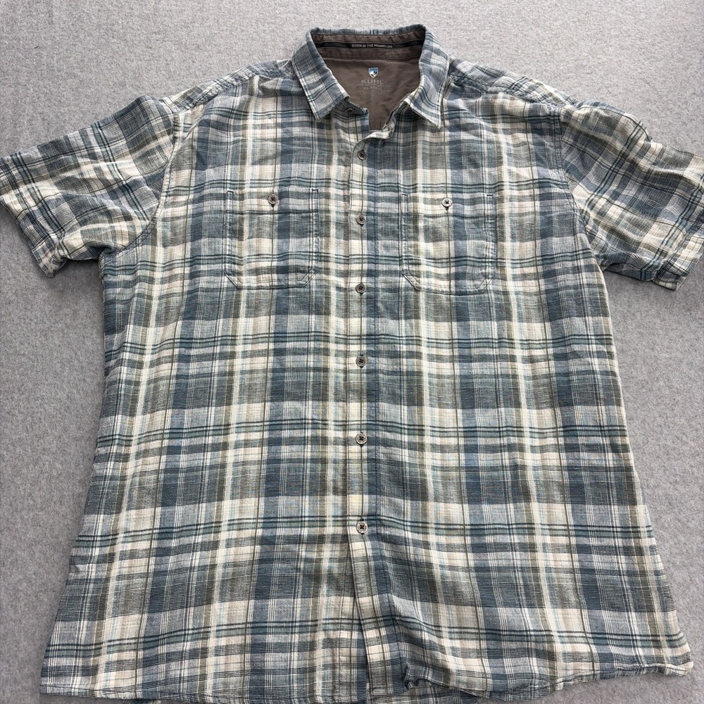 Kuhl Shirt Mens XL Blue  Plaid Linen Blend Gorpcore Short Sleeve Hiking Camping!